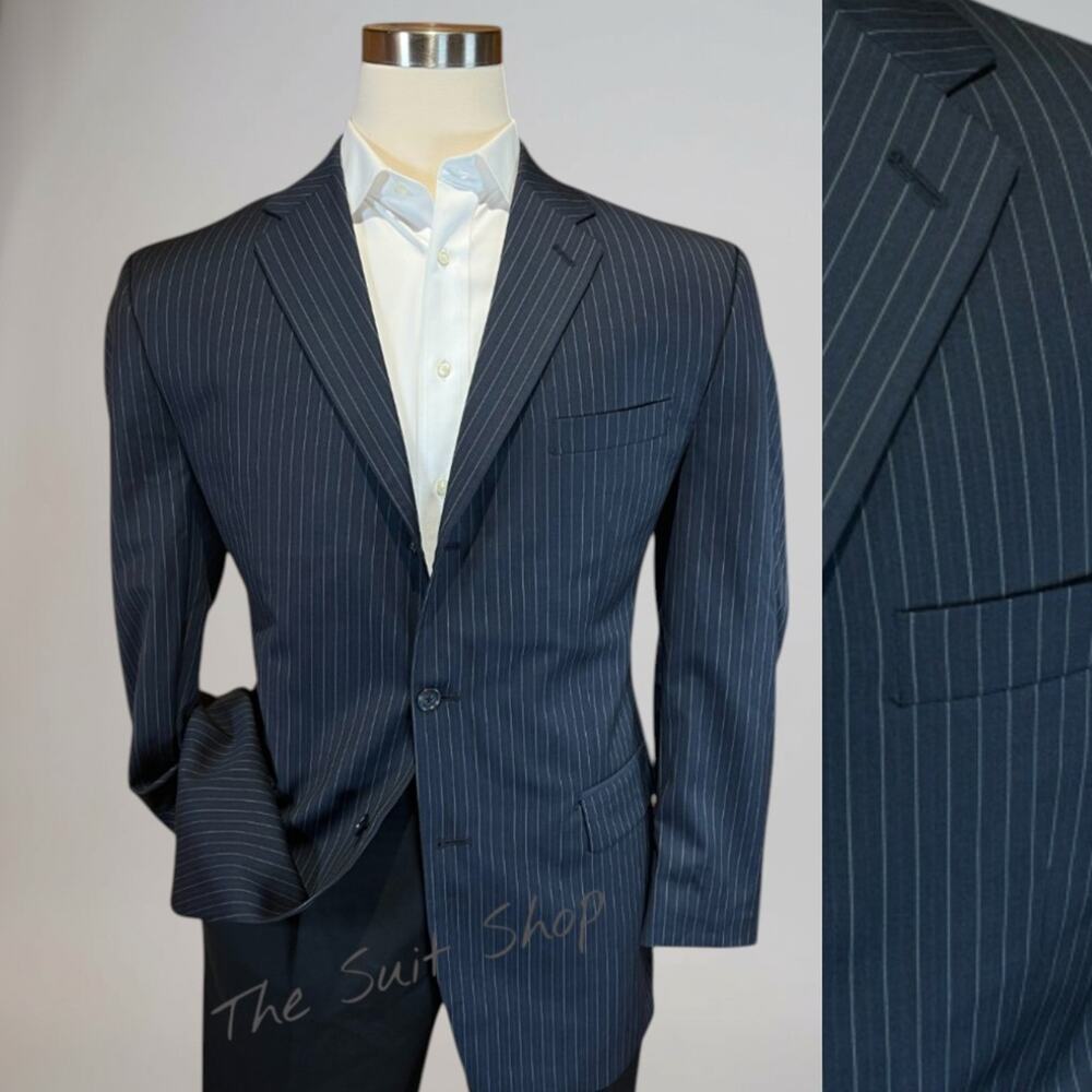 Calvin Klein Mens Blazer 42-44R Navy Blue Stripe Jacket Suit Coat 3/2 Roll